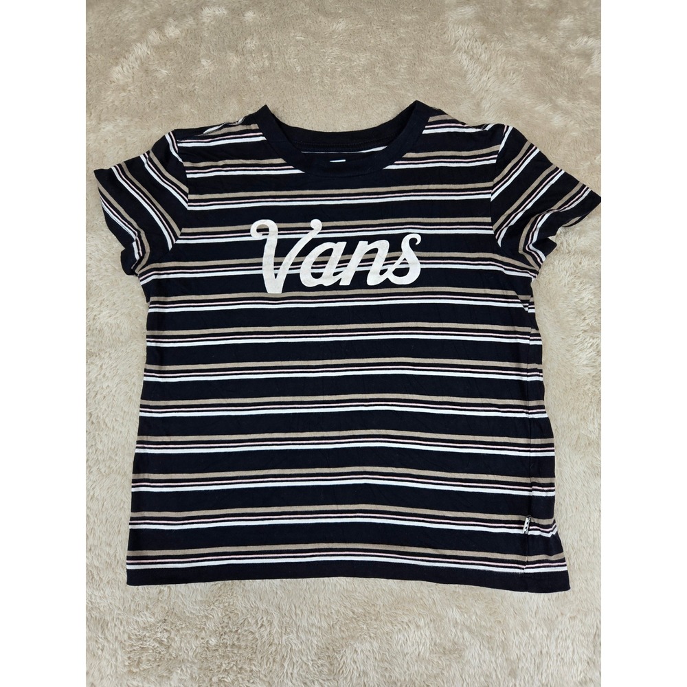 Vans Striped T Shirt Women's Small Black Tan White Pink Logo Tee‎